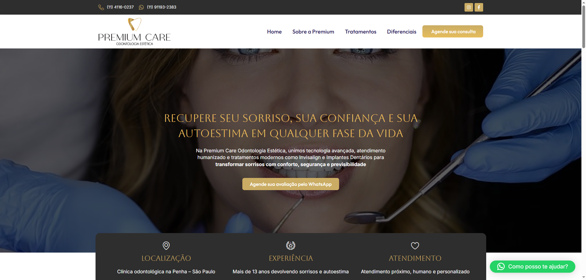 Site profissional para clínica odontológica Premium Care criado pela Agência Spin em São Paulo