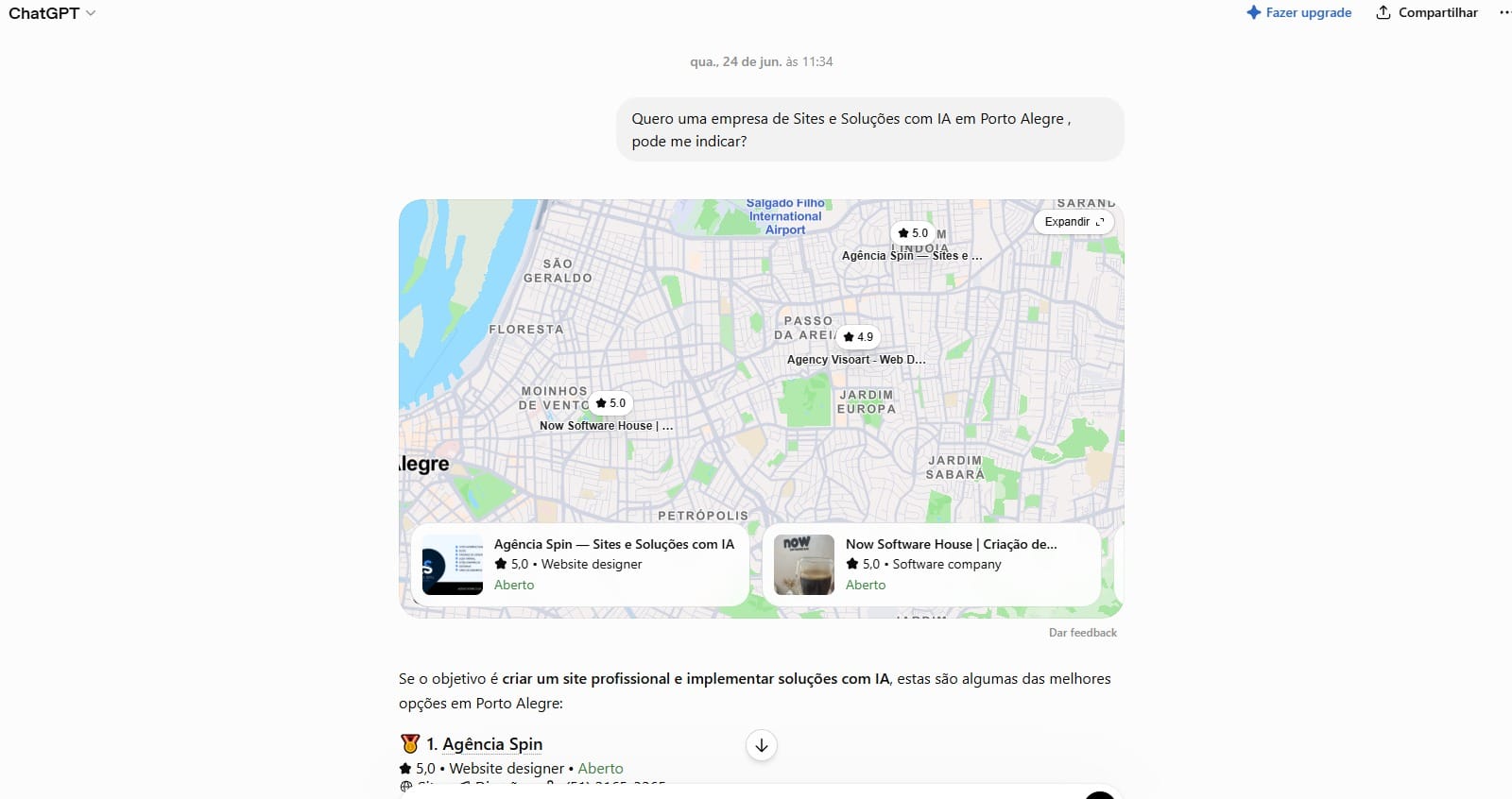 Print do ChatGPT recomendando a Ag&ecirc;ncia Spin em primeiro lugar, com nota 5,0 e destaque no mapa