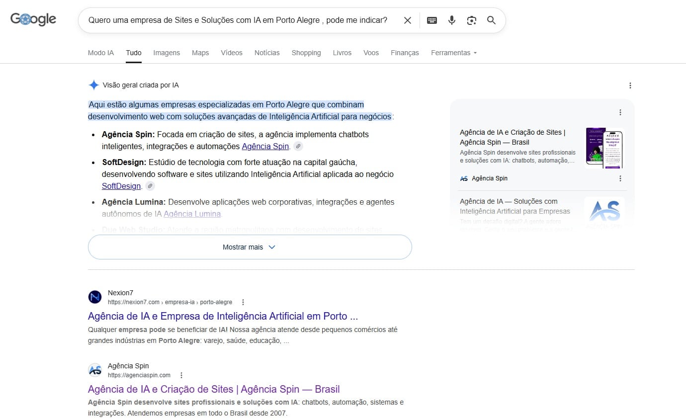 Print do Google mostrando a Ag&ecirc;ncia Spin em primeiro lugar no resumo gerado por IA (AI Overview) e nos resultados de busca
