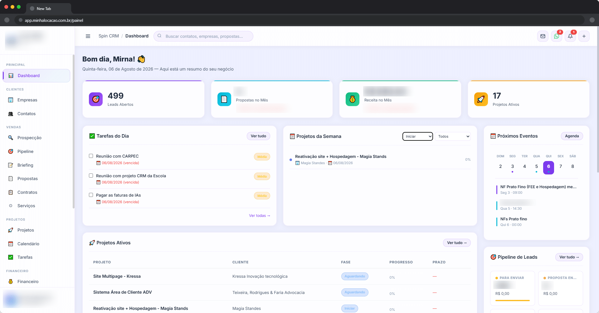 Painel do CRM para agências desenvolvido pela Agência Spin, com leads, propostas, projetos ativos e pipeline de vendas