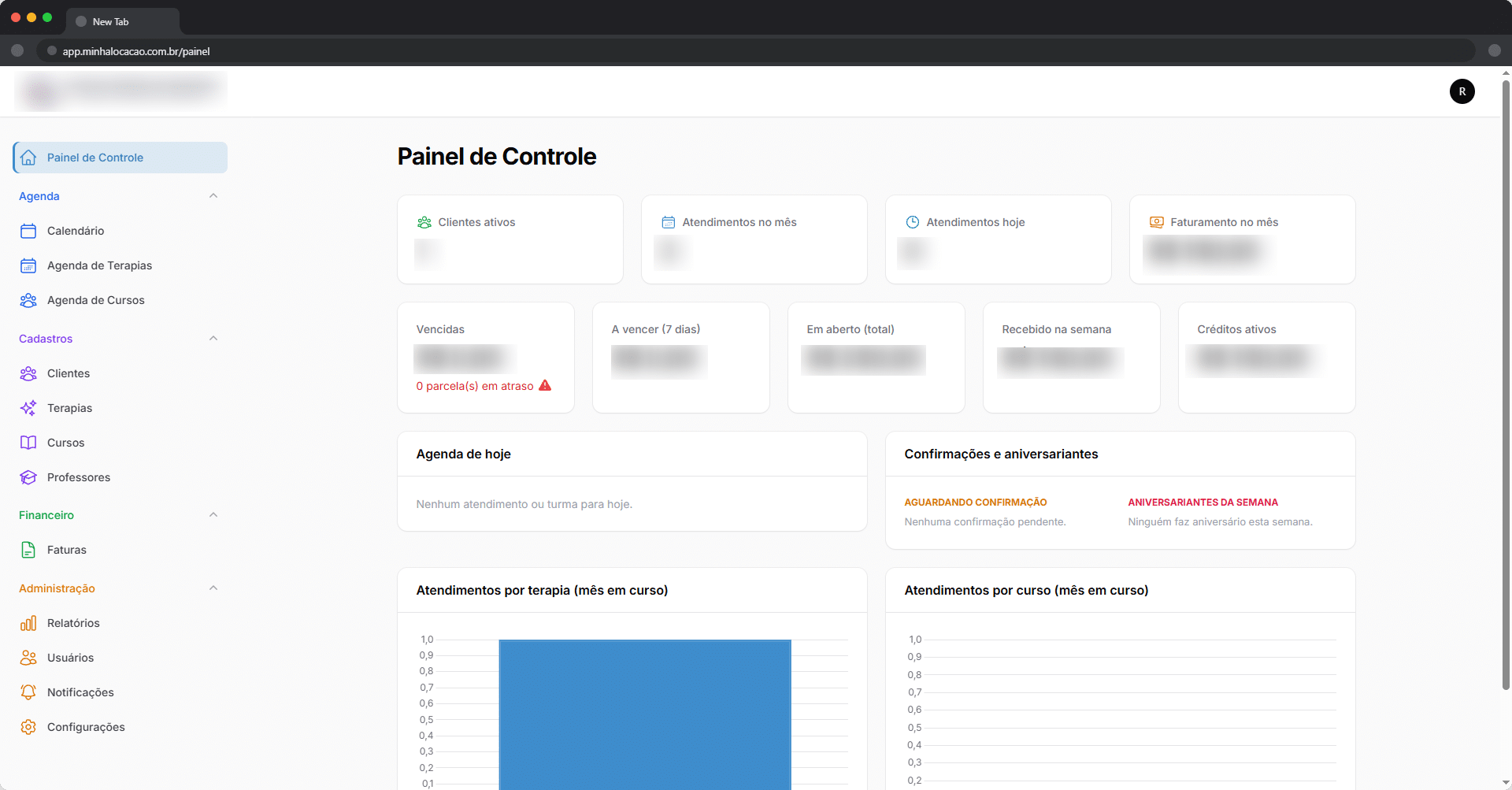 Painel do CRM para terapias e cursos desenvolvido pela Agência Spin, com agenda de terapias, cursos e relatórios de atendimento
